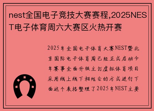 nest全国电子竞技大赛赛程,2025NEST电子体育周六大赛区火热开赛